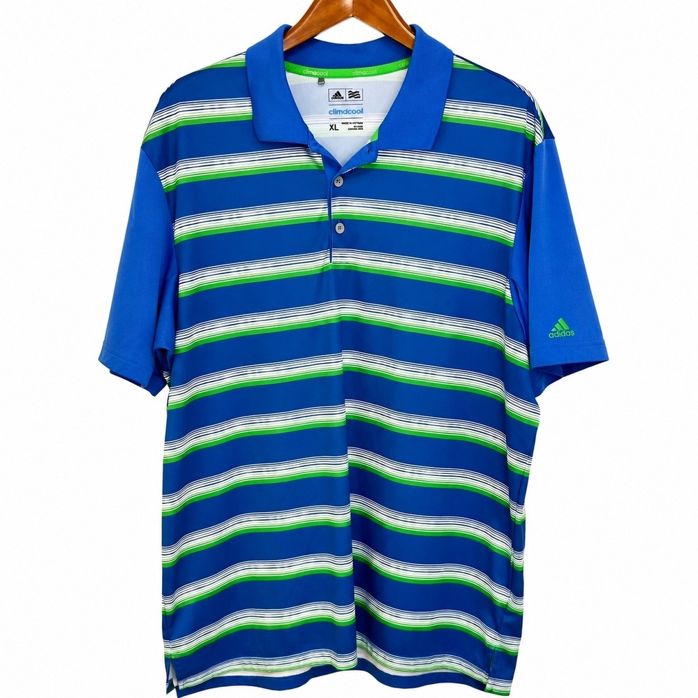 Adidas Climacool Golf Polo Shirt Mens XL Blue Green Striped BC2419 Short Sleeve
